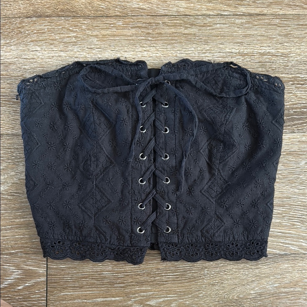 Black Lace-Up Strapless Top